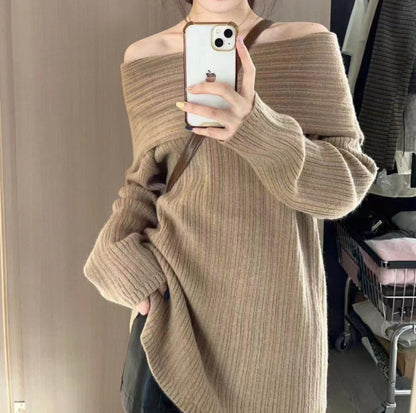Damen Oversized Pullover Off-Shoulder Rippstruktur Beige