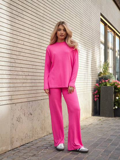 Damen Strick-Loungewear-Set Rippenstruktur Weites Bein