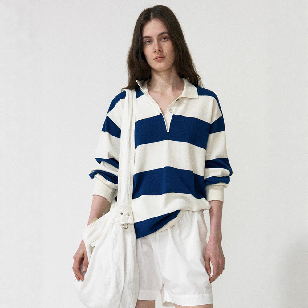 Damen Poloshirt Längsarm Gestreift Blau-Weiß