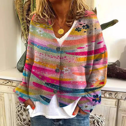 Damen Strickcardigan Bunt Streifen Knöpfe