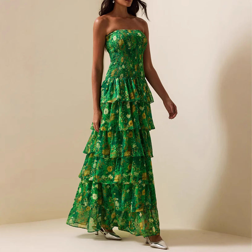 Damen Maxikleid Langärmlig Voluminöse Rüschen Florales Design