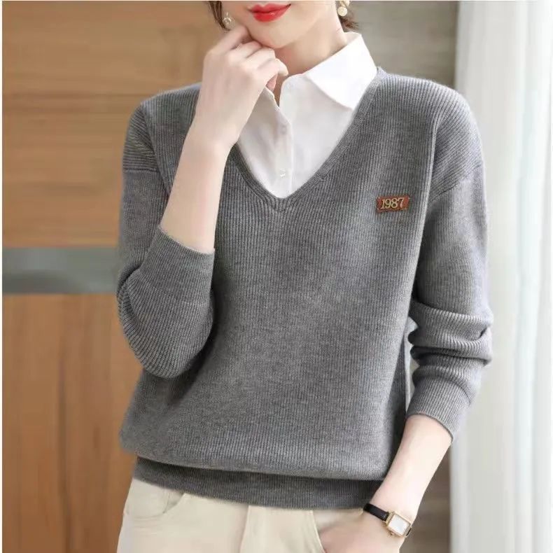 Damen Pullover V-Ausschnitt Hemdkragen Eveloria - Eveloria