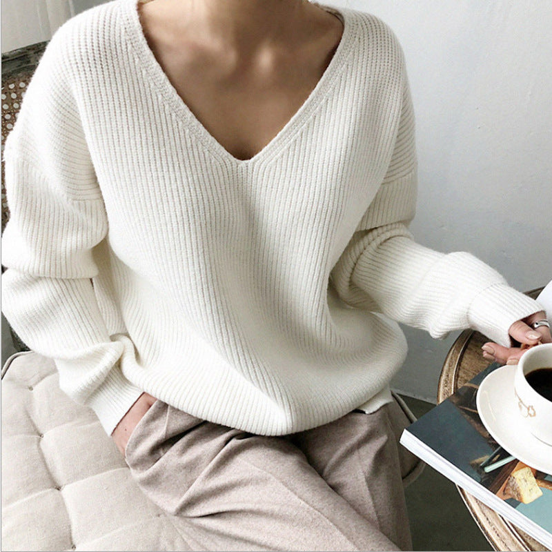 Damen Pullover V-Ausschnitt Strukturierter Look Breite Ärmel Grau - Eveloria
