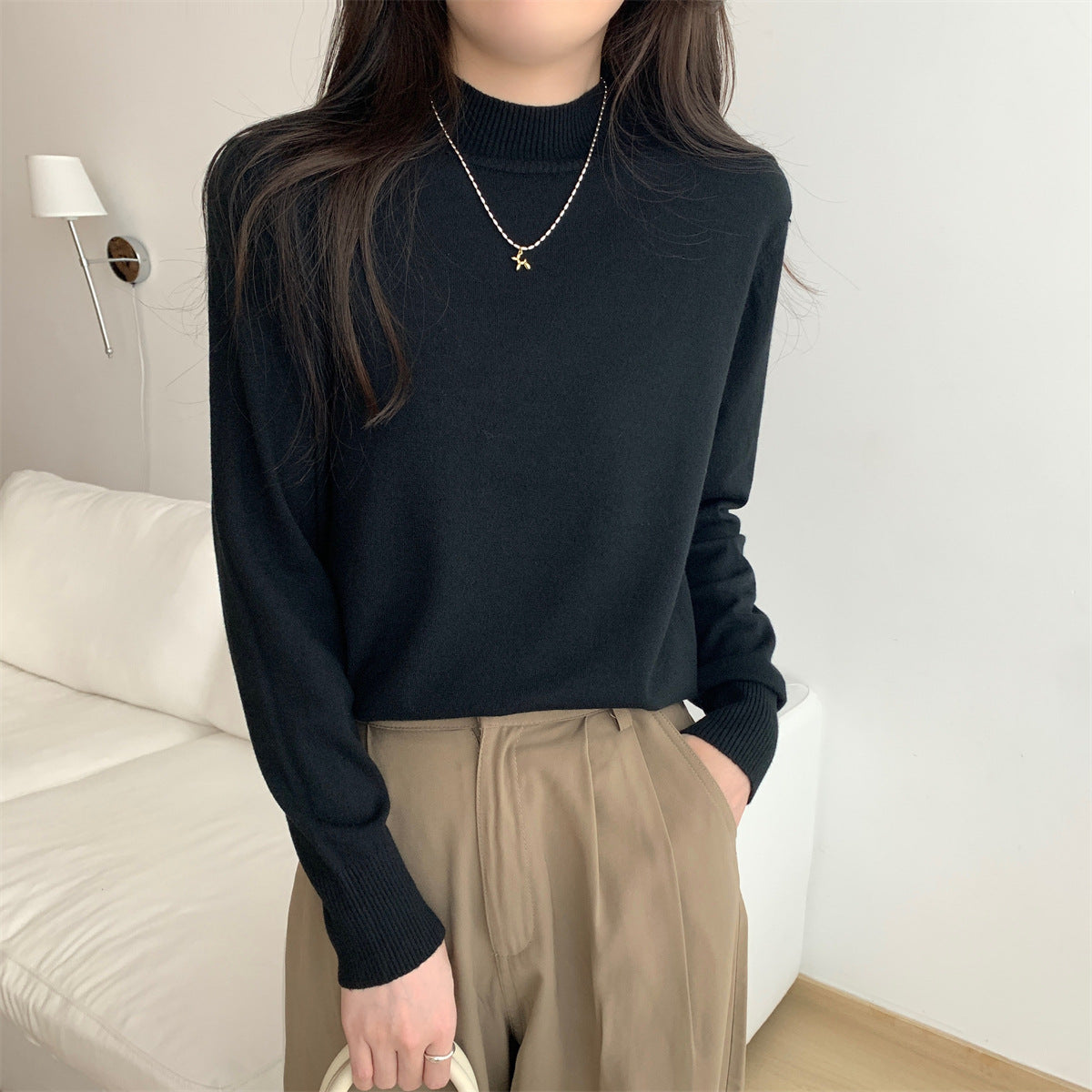 Damen Feinstrickpullover Stehkragen Lässig Eveloria
