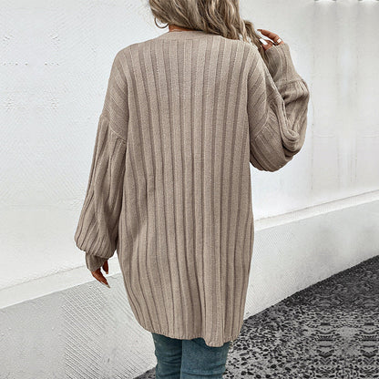 Damen Strickjacke Rippenmuster Locker Schnitt Beige
