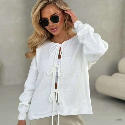 Damen Strickpullover Lässig Dekorative Schnürung Weit Eveloria