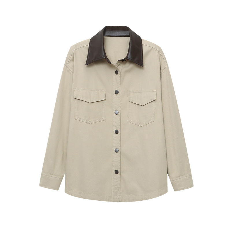 Damen Utility-Hemdjacke Kontrastkragen Praktische Taschen