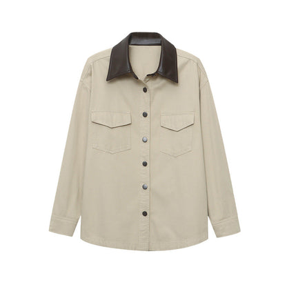Damen Utility-Hemdjacke Kontrastkragen Praktische Taschen