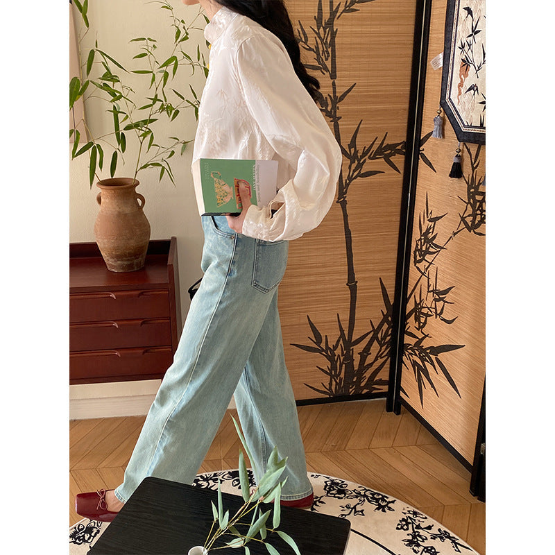 Damen Bluse Florale Stickerei Raffinierte Knöpfe Pastell