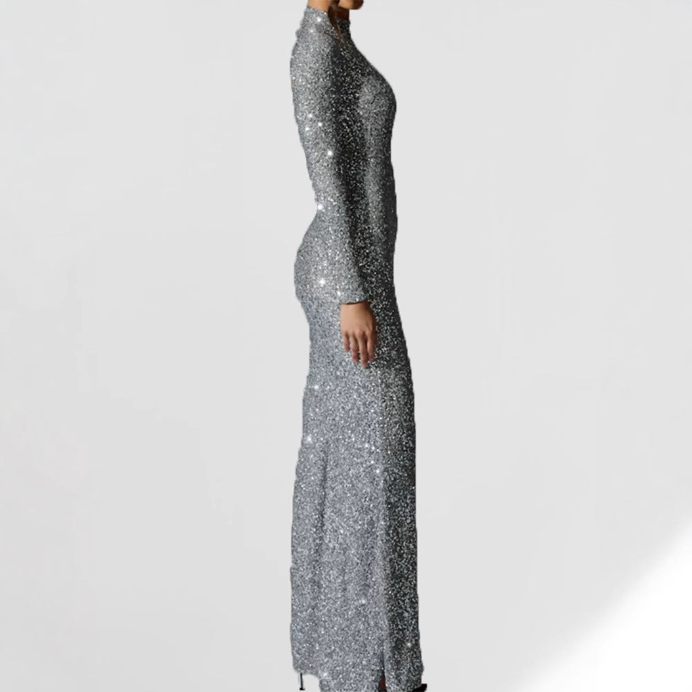 Damen Abendkleid Langarm Schimmernder Schlitz Eveloria
