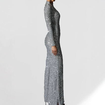 Damen Abendkleid Langarm Schimmernder Schlitz Eveloria