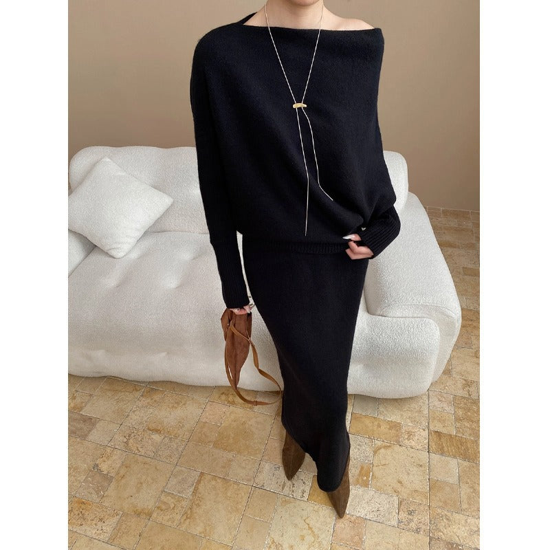 Damen Strick-Maxikleid Asymmetrisch Lässig Eveloria