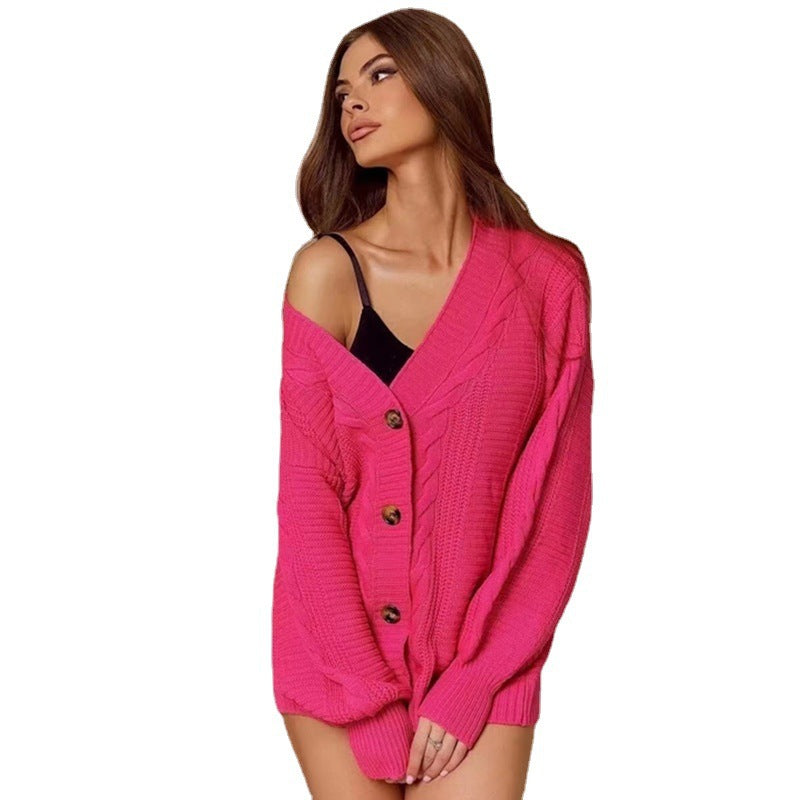 Damen Strickjacke V-Ausschnitt Großknöpfe Eveloria