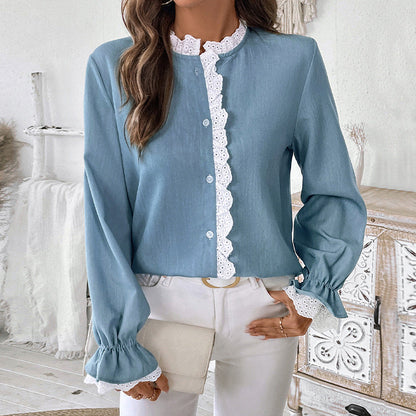 Damen Bluse Rüschen Knopf Detail Eleganz