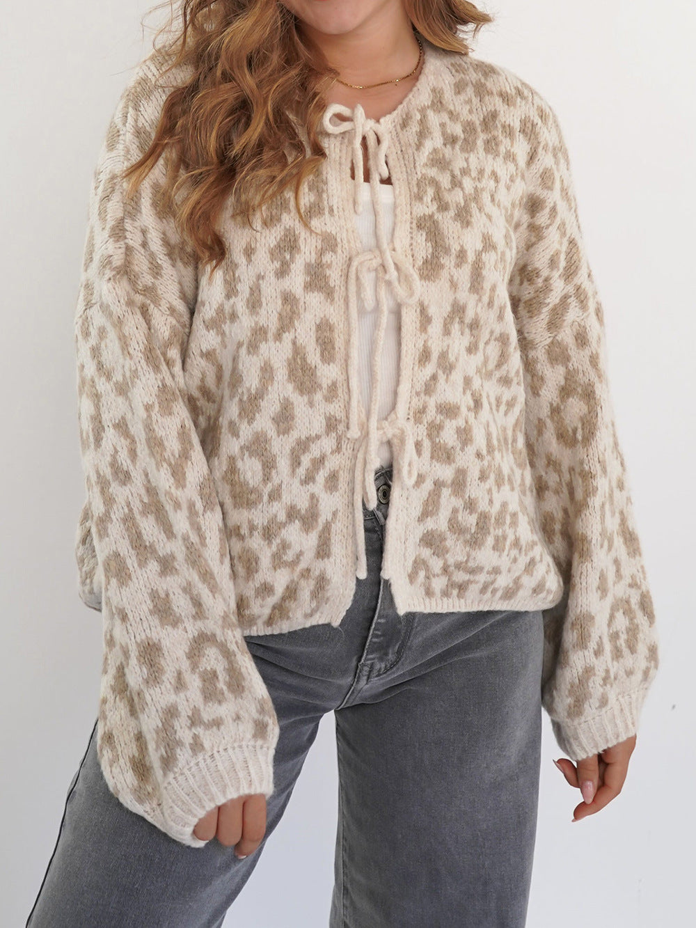 Damen Cardigan Tiermuster Elegant Bindebanddetails