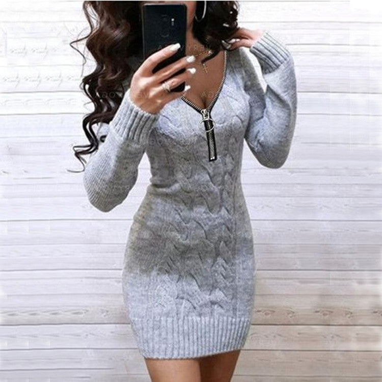 Damen Strickkleid Rippenmuster Mit Reißverschluss Detail Anthrazit