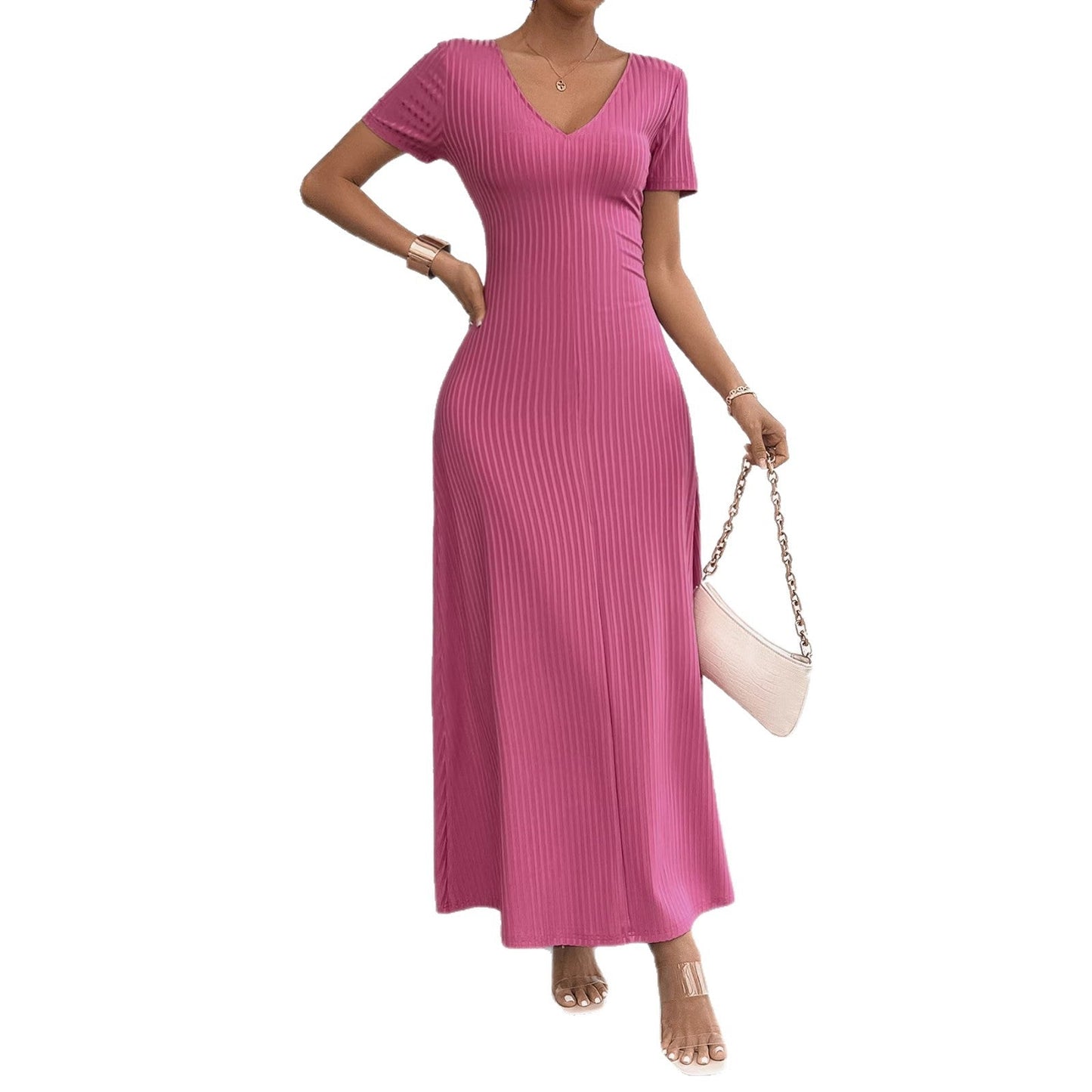 Damen Maxikleid Langarm Rippstruktur V-Ausschnitt Eveloria