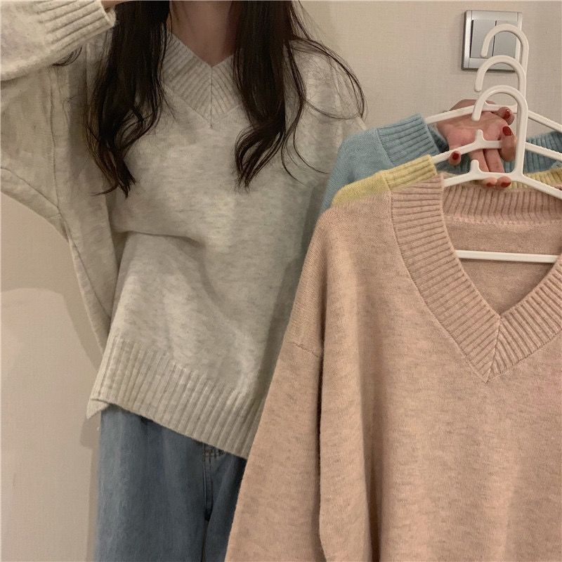 Damen Pullover Weich Wolle V-Ausschnitt Beige Eveloria