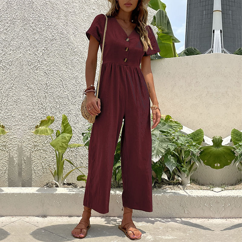 Damen Jumpsuit Knopfdetails Weite Beine Eveloria