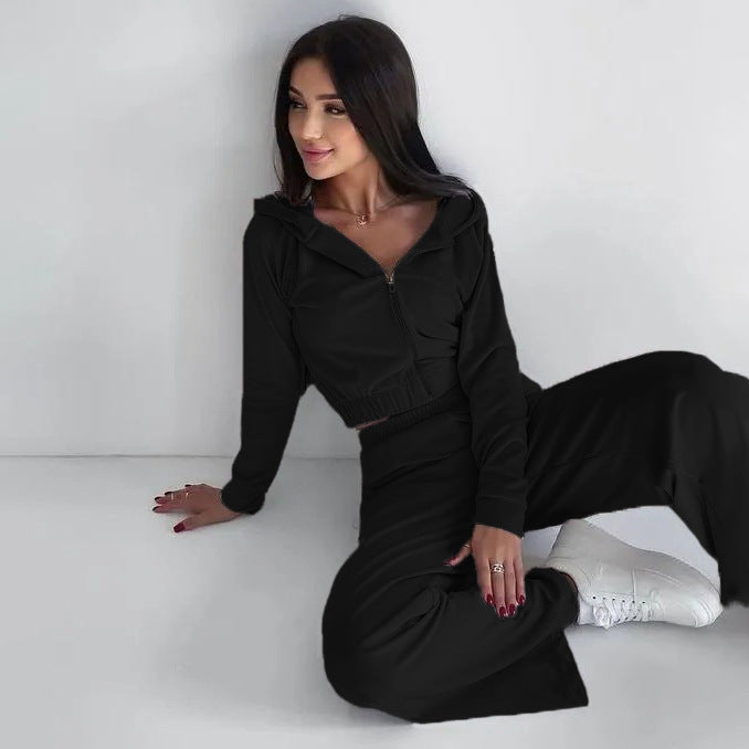 Damen Velours Loungewear Set Cropped Jacke Bequeme Hose