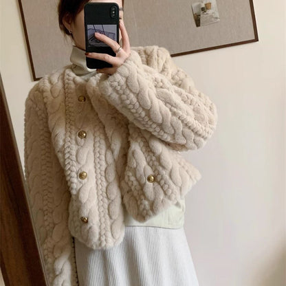 Damen Strickjacke Flauschig Goldknöpfe Beige