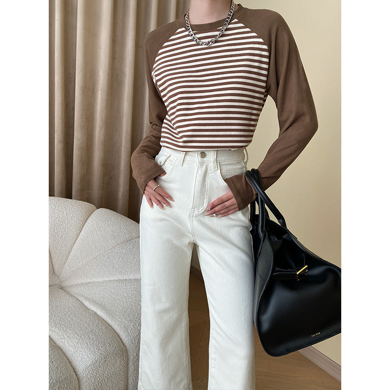 Damen Langarmshirt Gestreift Raglanärmel Modisch Weiß/