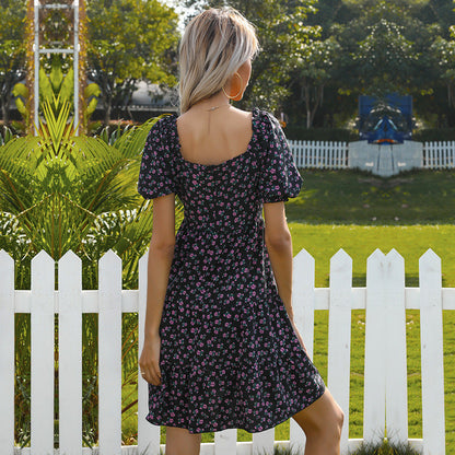 Damen Retro Blümchenkleid Weite Puffärmel Voluminöser Rock