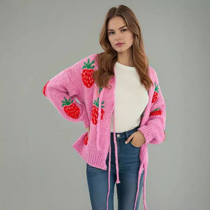 Damen Strickpullover Erdbeermotiv Rundhals Ballonärmel
