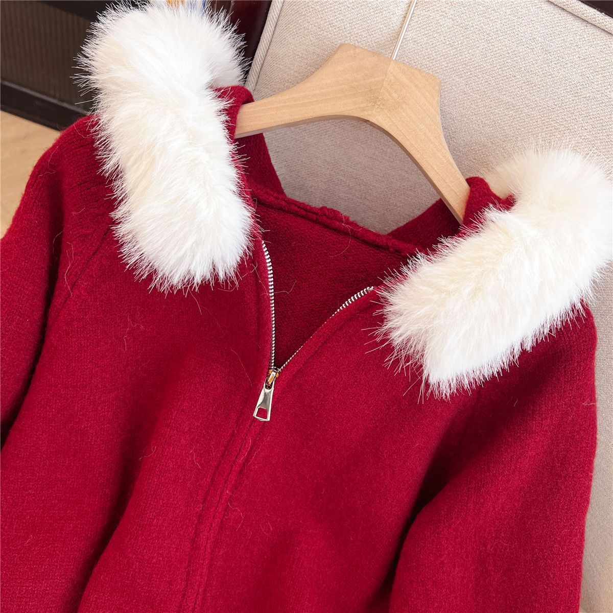 Damen Strickjacke Kuschelig Abnehmbarer Kunstfellkragen Beige