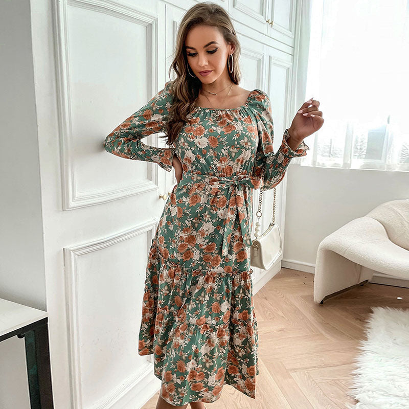 Damen Maxikleid Florale Rüschendetails Elegantes Bindeband