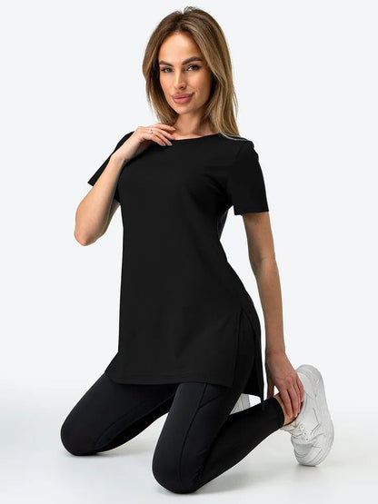 Damen Longline T-Shirt mit Schlitzen Hochwertiges Baumwoll-Material