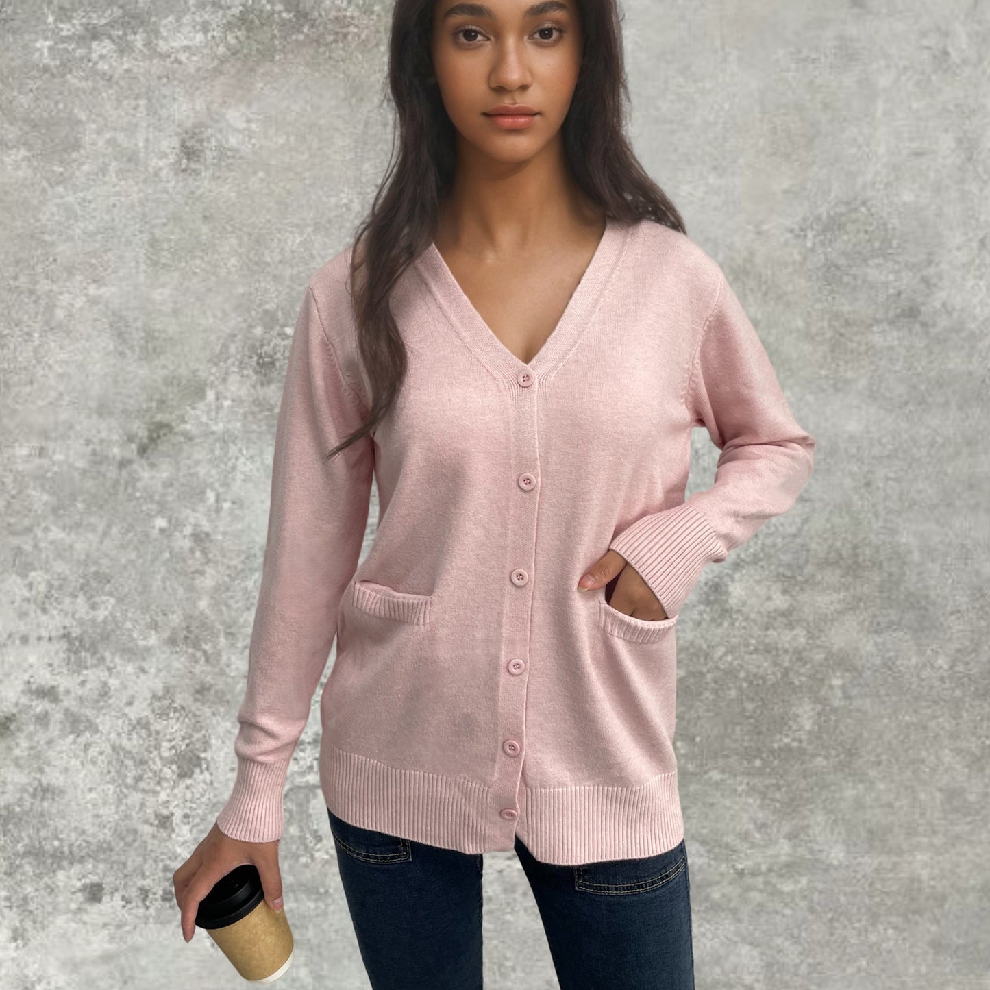 Damen Strickjacke Rippenmuster Baumwolle Beige