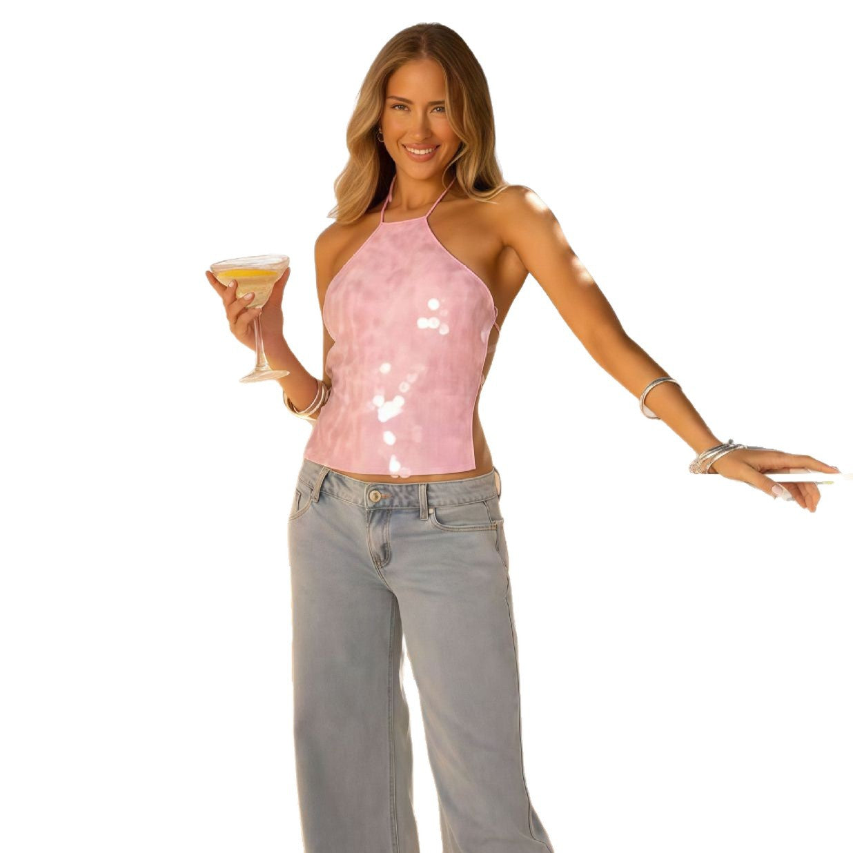 Damen Pailletten-Oberteil Asymmetrischer Halter Design