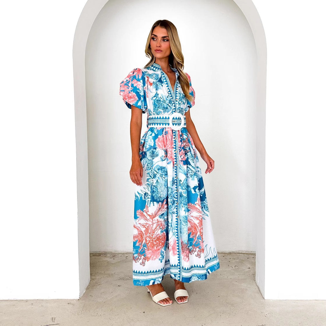 Damen Maxikleid Floralmuster Voluminöse Ärmel Eveloria