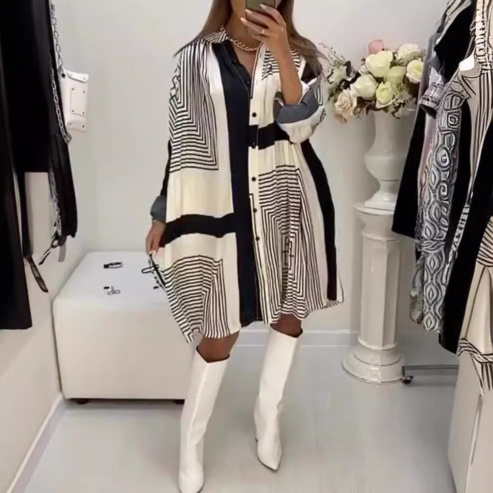 Damen Hemdblusenkleid Grafisches Muster Voluminöse Ärmel Eveloria