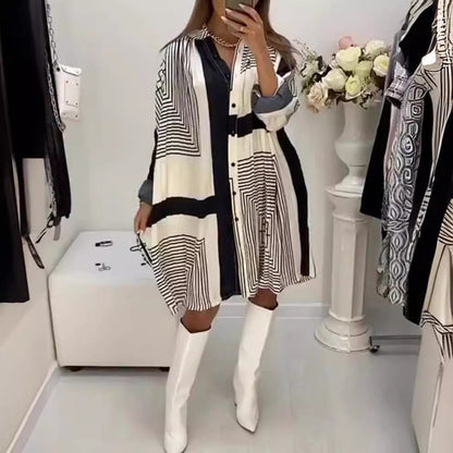 Damen Hemdblusenkleid Grafisches Muster Voluminöse Ärmel Eveloria