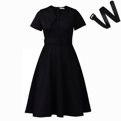 Damen A-Linien Kleid mit Kragen und Bindegürtel Elegant