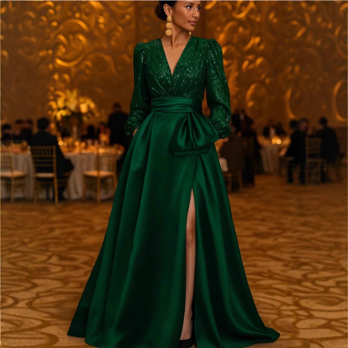 Eveloria Damen Abendkleid Schimmernd V-Ausschnitt Seiden Schwarz - Eveloria