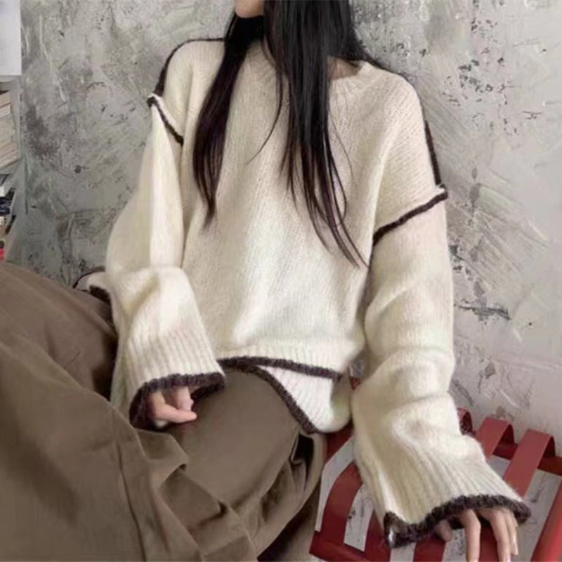 Damen Strickpullover Grobstrick Kontrastfarben Lässiger Schnitt