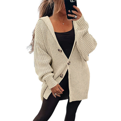 Damen Oversize Strickjacke Grobstrick Weich Holzknöpfe Beige - Eveloria