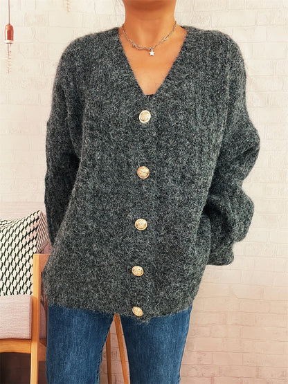 Damen Strickjacke Oversized Weiches Material Goldene Knöpfe Beige