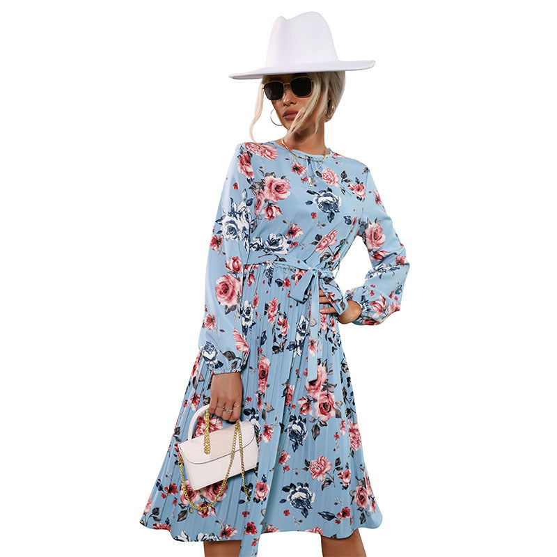 Damen Midi-Kleid Floralmuster Taillengürtel Eveloria