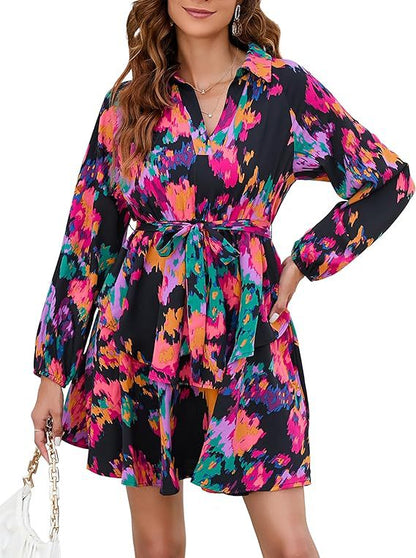 Damen Blusenkleid Floralmuster Mit Bindegürtel Eveloria