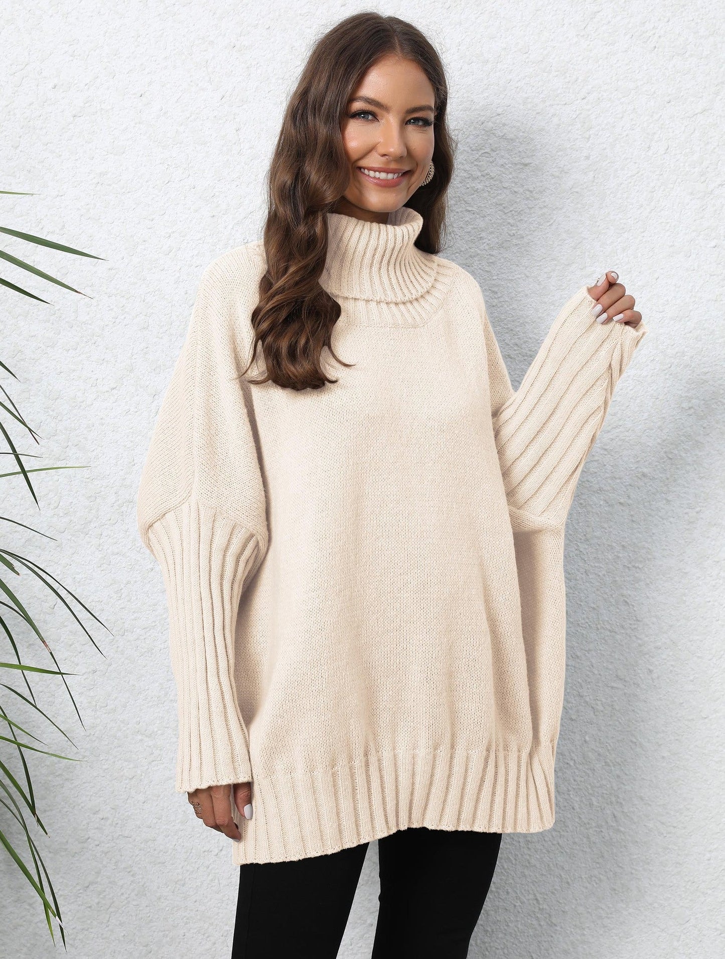 Damen Oversized Strickpullover Hochkragen Voluminöse Ärmel