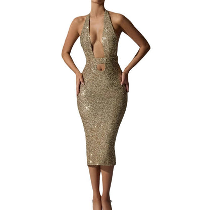 Damen Pailletten-Midi-Kleid V-Ausschnitt Figurbetonter Silhouette