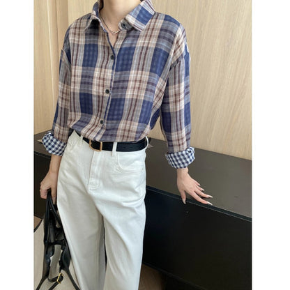 Damen Overshirt Kariert Moderner Schnitt Lässig Blau Weiss