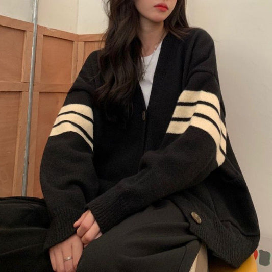 Damen Strickcardigan Lässig mit Taschen Kontraststreifen - Eveloria