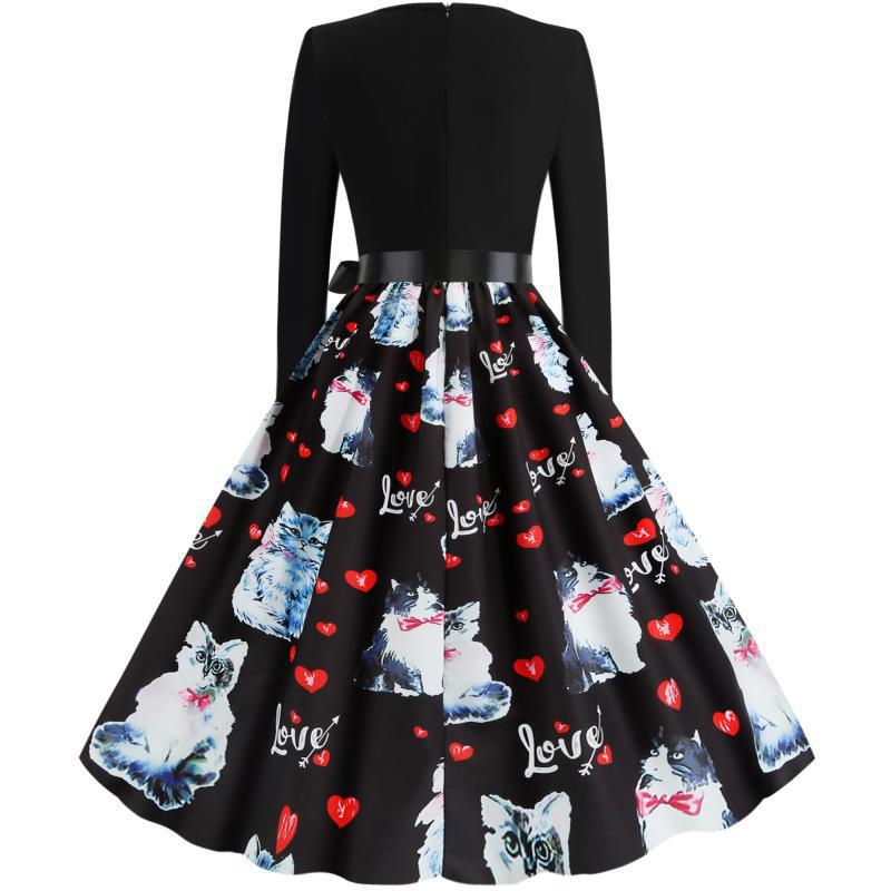 Damen Swingkleid Katzenmotiv Gürtel Elegantes Design