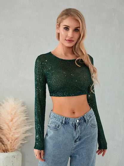 Damen Glitzerndes Langarm-Crop- Figurbetont Eveloria
