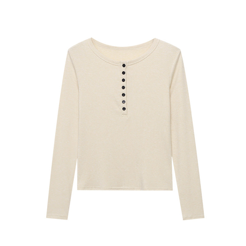 Damen Langarmshirt mit Knopfleiste Baumwolle Beige